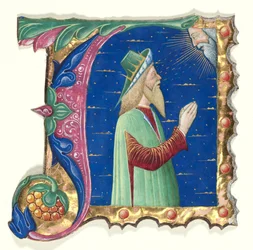 Iniziale A da un libro corale con Re Davide