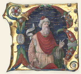Iniziale R da un libro corale con Re Davide