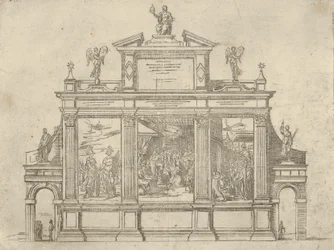 Facciata di un monumento trionfale con tre scene che raffigurano le gesta di Papa Clemente VIII, una decorazione temporanea