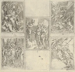Cinque scene numerate, ciascuna dopo un pittore dell