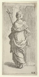 Ragazza che porta un crocifisso e si avvicina a un pilastro, vista da dietro, ca. 1590-1600