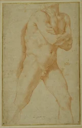 Uomo nudo che avanza, con le braccia incrociate e guardando oltre la spalla destra