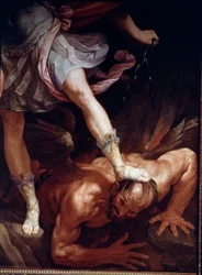 San Michele schiaccia la testa del demone (dettaglio dei sandali)