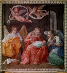 La Vergine che cuce con due angeli
