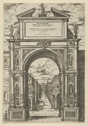 Arco di trionfo sormontato da una statua che rappresenta la città di Bologna, edifici visti attraverso