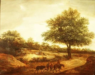 Paesaggio boscoso con viaggiatori su un sentiero, una casetta oltre