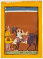 Un guerriero che monta un cavallo tenuto: Saindhava Ragaputra di Shri, da un Chamba Ragamala