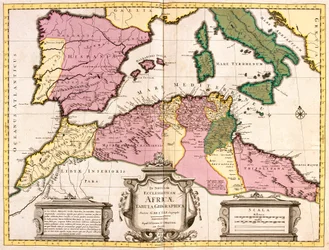 Mappa del Nord Africa (Mauritania, Marocco, Algeria, Tunisia, Libia) e Europa (Spagna, Portogallo, Francia, Italia, Grecia con Isole Baleari, Sardegna, Corsica e Sicilia) (incisione)