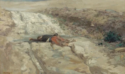Scena della guerra del 1870: soldato morto su un campo di battaglia, ca. 1870