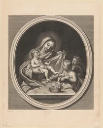 Maria con Bambino e due angeli dietro un tavolo con un cesto di fiori