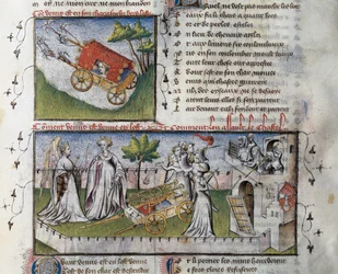 Come Venere arriva e assalta il castello costruito dalla gelosia, Miniatura di Guillaume Lorris dal manoscritto Le Romanesque de la Rose