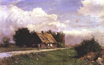 Paesaggio boscoso con figure vicino a un cottage