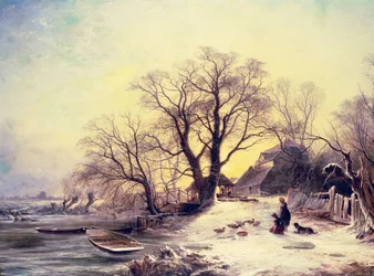 Figure fuori da un cottage in inverno