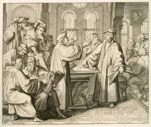 Lutero e Ulrich Zwingli (1494-1531) discutono del sacramento e non trovano accordo, a Marburgo 1529