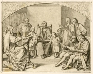 Introduzione di Lutero agli inni religiosi protestanti tedeschi insieme ai suoi figli e amici sotto la direzione di Johannes Walther (1496-1570)