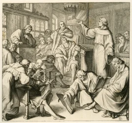 Martin Lutero in discussione con il Dr. Johannes Eck (Johann Maier von Eck) (1486-1543), dalla parte di Lutero c
