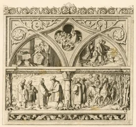 Il viaggio di Martin Lutero al conte Mansfeld (Hoyer VI di Mansfeld-Vorderort (1477-1540); immagine in alto a sinistra: la triste Katharina, al centro: il fiume Saale in piena, a destra: Lutero insieme ai suoi figli. immagine in basso: Lutero e il conte