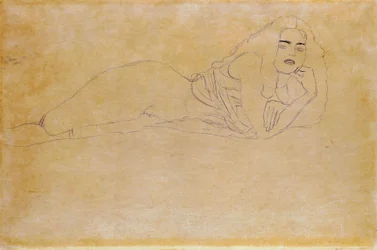 "Nudo sdraiato a pancia in giù verso destra". Ritratto di una donna sdraiata a pancia in giù. Disegno di Gustav Klimt (1862-1918)
