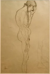 Donna anziana in piedi di profilo a destra, studio delle gambe