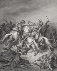Abishai salva la vita di Davide, Samuele 2:17, illustrazione tratta da "La Sacra Bibbia" di Dore, incisa da Hurel