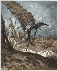 Don Chisciotte e i mulini a vento da “Don Chisciotte della Mancia” di Miguel Cervantes (1547-1616) (Don Chisciotte) - inciso da Héliodore Joseph Pisan (1822-90) da un disegno di Gustave Doré