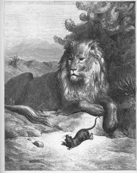 Il leone e il topo - dalle „Favole“ di Jean de La Fontaine (Lafontaine) (1621-95) - incisione da Gustave Doré (1832-83) - collezione privata