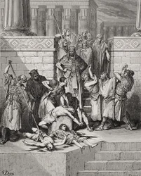 Massacro dei figli di Zedekia davanti al padre, II Re 25:7, illustrazione tratta da "La Sacra Bibbia" di Dore, incisa da Fournier