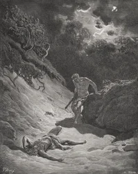 La morte di Abele, Genesi 4, 6-13, illustrazione da "La Sacra Bibbia" di Dore, incisa da Pisano