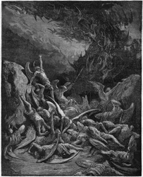 Il paradiso perduto: gli angeli caduti. Dal disegno di Gustave Doré che illustra "Paradise Lost" di John Milton (1608-1674) poeta inglese. Incisione del 1867. Collezione privata