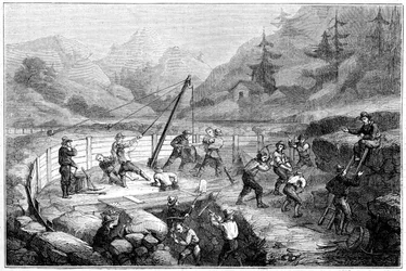 Scavo e lavaggio delle sabbie sul fondo di un fiume, California, XIX secolo