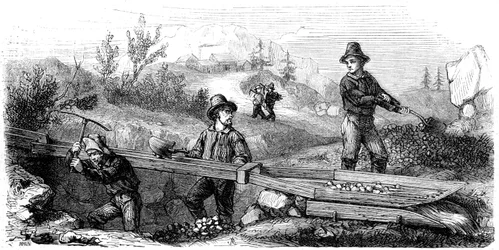 Minatori francesi che lavorano a una lunga canaletta, California, XIX secolo