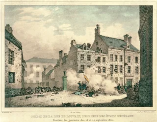 Combattimenti nella Rue de Louvain, Bruxelles, dietro gli États Généraux, 23-24 settembre 1830, inciso da Jean Baptiste Madou (1796-1877)