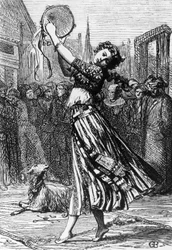 Esmeralda con la sua capra Djali, illustrazione per Notre-Dame de Paris, romanzo di Victor Hugo (1802-1885), incisione da un disegno di Gustave Brion (1824-1877), pubblicata da Hetzel, Parigi