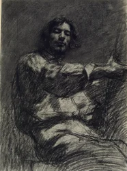 Giovane uomo seduto, studio. Autoritratto al cavalletto