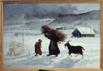 Povertà del villaggio, Ornans. Una contadina e sua figlia portano pane, fascine di legna e una capra come provviste invernali. Dipinto di Gustave Courbet