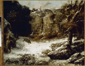 Paesaggio invernale con cinghiali