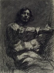 Giovane uomo seduto, studio. Autoritratto al cavalletto