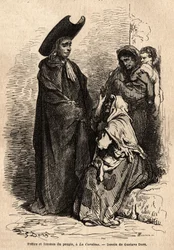 Un prete e una donna del popolo, vestiti di stracci; i mendicanti professionisti spagnoli si stabilirono nei cortili delle chiese per sfruttare abilmente la carità cristiana. Schizzo dal vivo di Gustave Dore (1832-1883). Incisione per illustrare il viaggio
