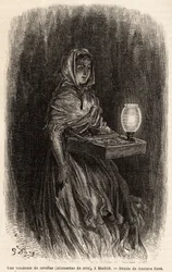 Una venditrice di fiammiferi di cera, schizzo dal vivo nella Puerta del Sol, a Madrid. Incisione di Gustave Dore (1832-1883) per illustrare il suo viaggio in Spagna, con Ch. Davillier (editore), nel 1862, pubblicato in 