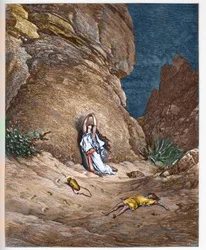 Agar e suo figlio Ismaele nel deserto dopo essere stati scacciati da Abramo - Agar e il figlio Ismaele nel deserto dopo essere stati scacciati da Abramo - incisione nella «Bibbia illustrata» di Gustave Doré (1832-1883) - incisione