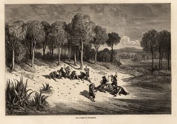 Battaglia delle Arance di Carcagente, disegno di Gustave Doré (1832-1883), per illustrare il suo viaggio in Spagna con C. Davillier, nel 1862. Incisione in "Le tour du monde", a cura di Edouard Charton.