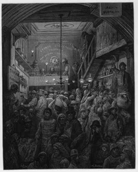 Billingsgate - Vendita di pesce alla Criee. Illustrazione per Londra di Louis Enault illustrata da Gustave Doré