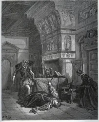 Camille finge suicidio davanti a Lothaire e Leonella - da “Don Chisciotte della Mancia” di Miguel Cervantes - xilografia dopo disegno di Gustave Doré