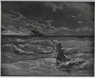 Storia del prigioniero. Aagi-Morato, il padre di Zoraide, è sulla barca sulla riva da “Don Chisciotte della Mancia” di Miguel Cervantes - xilografia dopo disegno di Gustave Doré