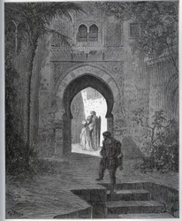 Storia del prigioniero. Primo incontro del prigioniero con Zoraide nel giardino del padre, che la riporta dopo il suo malore - da "Don Chisciotte della Mancia" di Miguel Cervantes