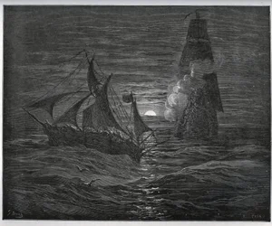 Storia del prigioniero. La barca di fuga spagnola è attaccata da una nave francese da “Don Chisciotte della Mancia” di Miguel Cervantes - xilografia dopo disegno di Gustave Doré