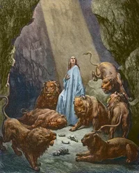 Daniele nella fossa dei leoni - incisione di Gustave Doré - colorazione successiva