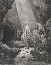 Daniele nella fossa dei leoni, Daniele 6:16-17, illustrazione da La Sacra Bibbia di Doré, incisa da Piaud, 1866