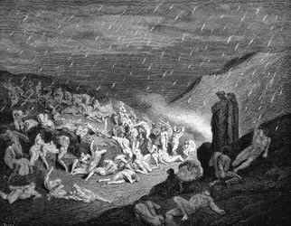 Dante Alighieri Inferno, prima parte della Divina Commedia 1863. Canto XIV: Terzo scomparto del settimo cerchio dove sono puniti tre tipi di violenza: contro Dio, contro la Natura e contro l