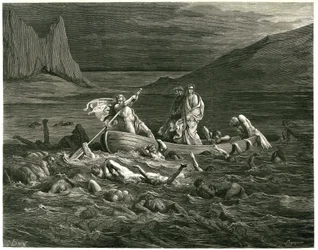 Dante e Virgilio navigano, guidati dal Nocchiero Flegias, sullo Stige in cui i dannati stanno guadando, che cercano di salire sulla barca. Incisione da L